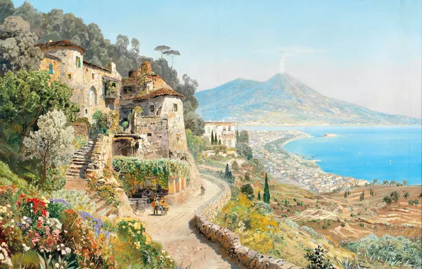 Цветы, Дома, Деревья, Вулкан, Картина, Побережье, Alois Arnegger, Везувий