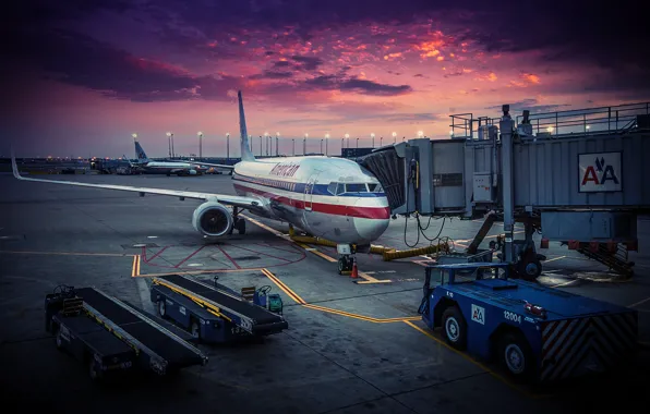 Самолет, рассвет, аэропорт, USA, Chicago, American Airlines