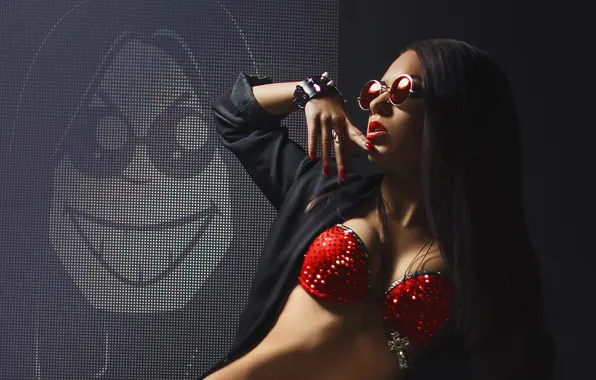 Girl, Red, Sexy, Body, Black, Bra, View, Lips