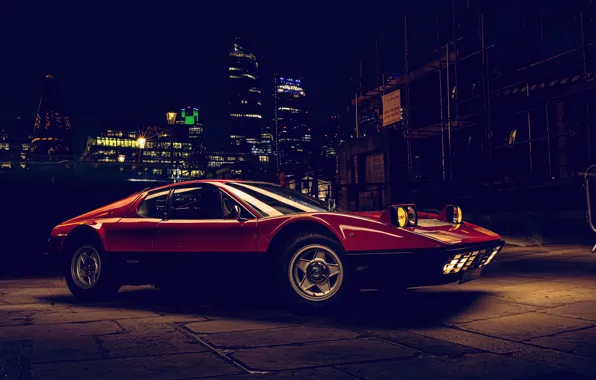 Lights, Ferrari, sportcar, night city, Ferrari berlinetta boxer