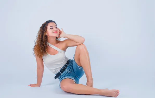Girl, shorts, barefoot, model, pretty, cute, tank top, denim