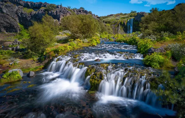 Деревья, река, водопады, каскад, Исландия, Iceland, Gjárfoss, Rauðá River