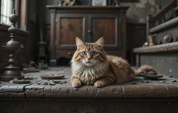 Кошка, кот, взгляд, поза, дом, мусор, доски, мебель