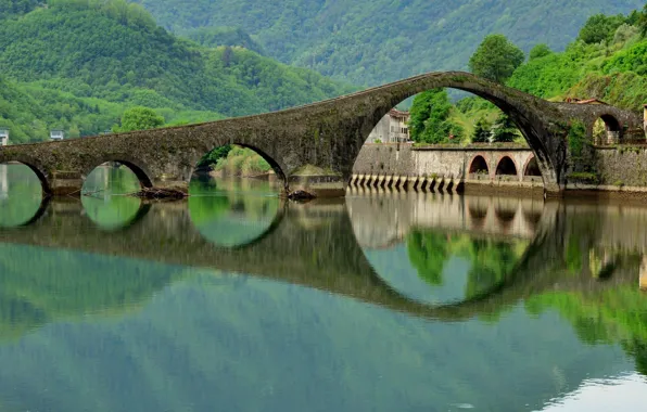 Trees, nature, bridge, lake, italy, arch