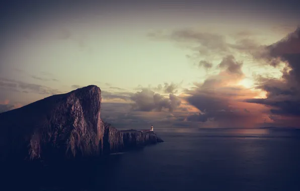 Море, небо, облака, скалы, маяк, вечер, Великобритания