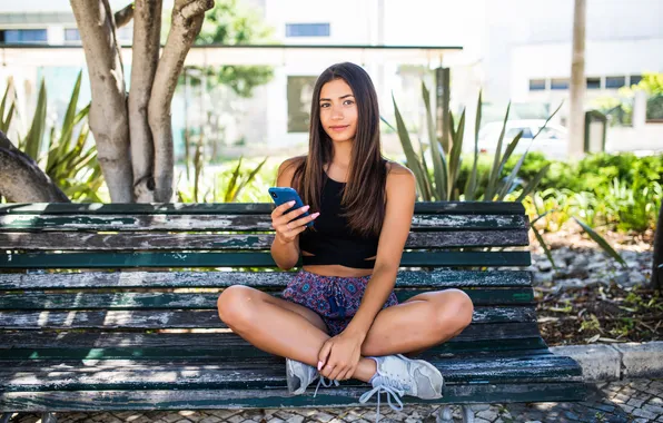 Woman, young, street, bench, phone, sitting, latin
