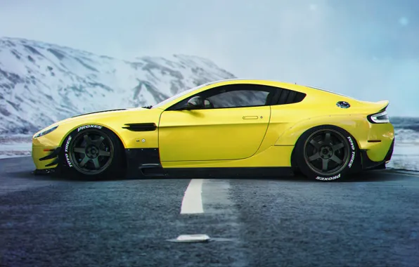 Картинка Aston Martin, Car, Yellow, Side, Sport, Vanquish, Stance