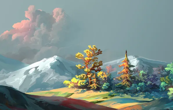 Картинка лес, облака, деревья, горы, арт, хлмы