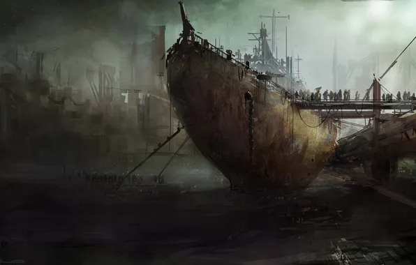 Картинка туман, люди, корабль, арт, порт, посадка, мрачно