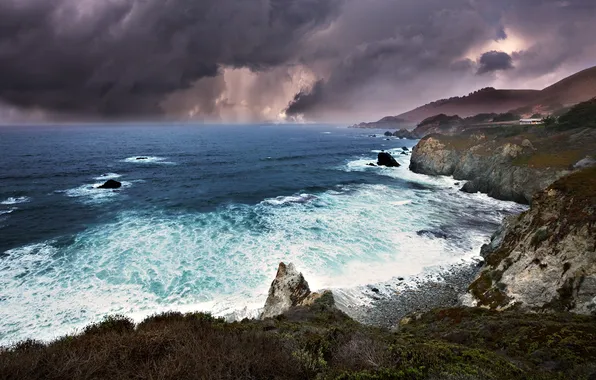 Картинка море, волны, пейзаж, тучи, шторм, природа, скалы, обои