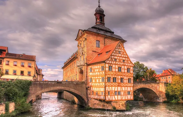 Облака, деревья, река, дома, Германия, Бавария, мосты, Bamberg
