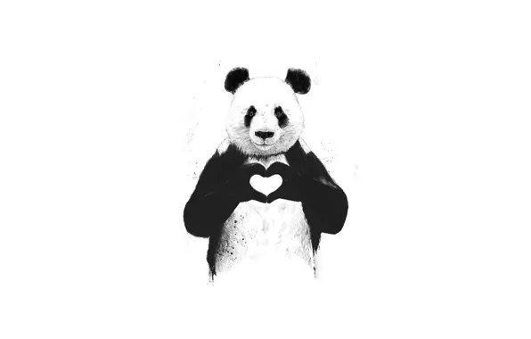 Любовь, животное, сердце, панда, love, minimalism, animal, милота