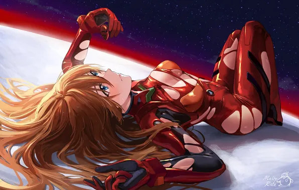 Картинка cleavage, Neon Genesis Evangelion, long hair, boobs, Asuka Langley Soryu, blue eyes, stars, redhead