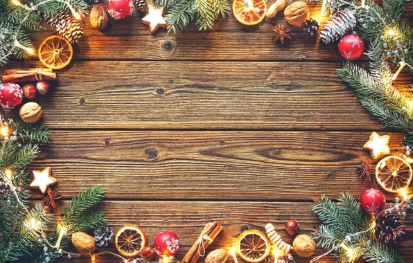Картинка шарики, дерево, апельсин, печенье, Рождество, Новый год, гирлянды, шишки