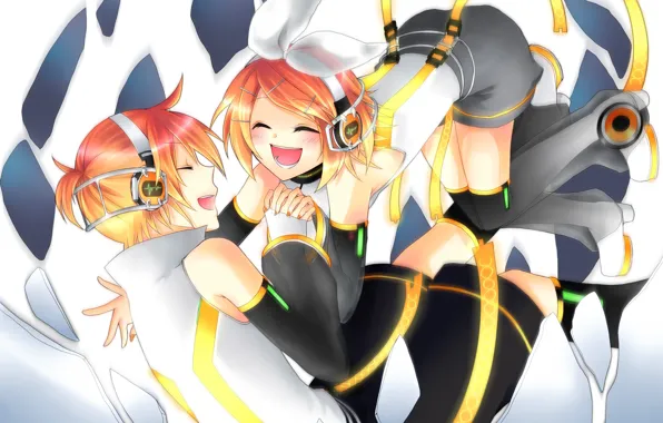 Радость, смех, двое, Vocaloid, Вокалоид, улыбки, Кагомине Лен, Кагомине Рин