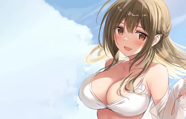 Girl, sexy, cleavage, long hair, brown eyes, boobs, anime, beautiful