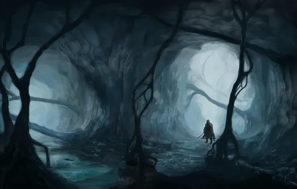 Картинка лес, деревья, туман, оружие, человек, меч, арт