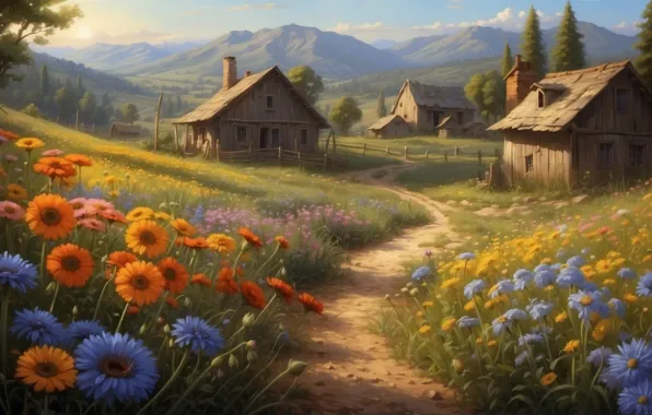 Поле, лето, цветы, горы, деревня, луг, домики, тропинка