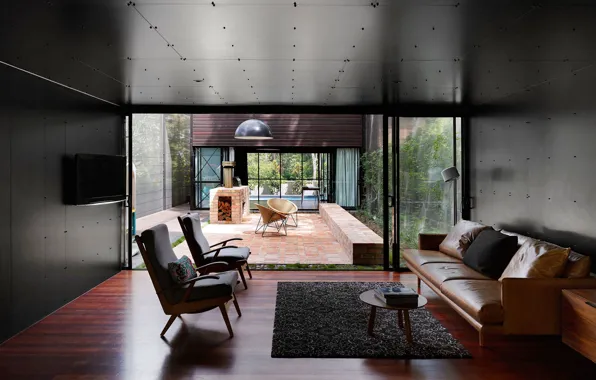 Дизайн, интерьер, печь, терраса, гостиная, Oxlade Drive House