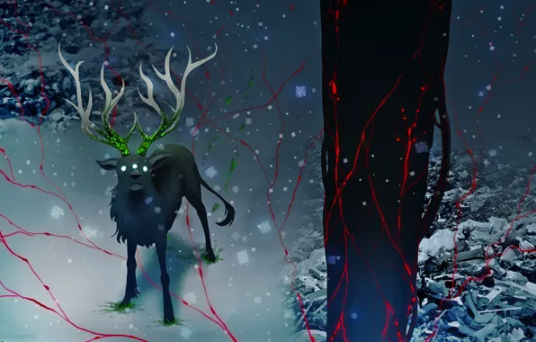 Картинка снег, дерево, животное, радиация, олень, арт, романтика апокалипсиса, romantically apocalyptic