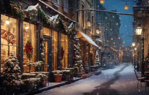 Новый Год, street, snow, зима, fir tree, город, lights, Christmas