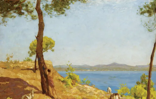 Море, животные, пейзаж, дерево, картина, The Goat Herder, Алджернон Талмаж