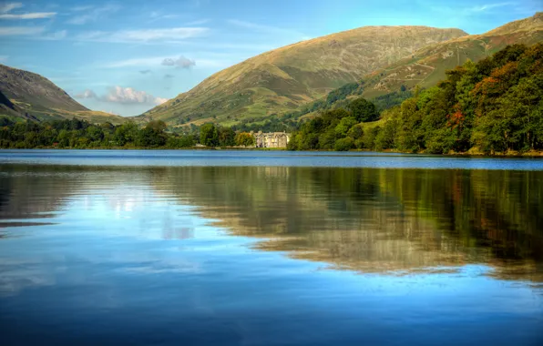 Деревья, горы, озеро, Англия, Grasmere