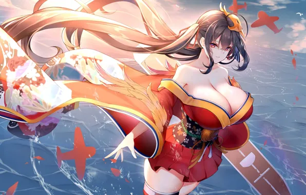 Girl, sexy, cleavage, thighhighs, long hair, dress, sea, boobs