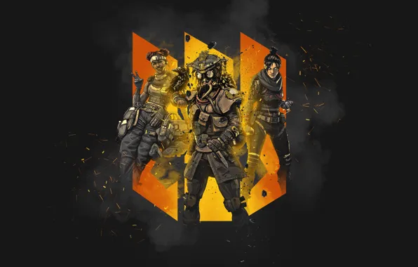 Фон, коллаж, трио, чёрный фон, Apex Legends
