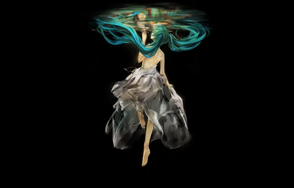 Девушка, босиком, платье, арт, vocaloid, Hatsune Miku, плечи, под водой