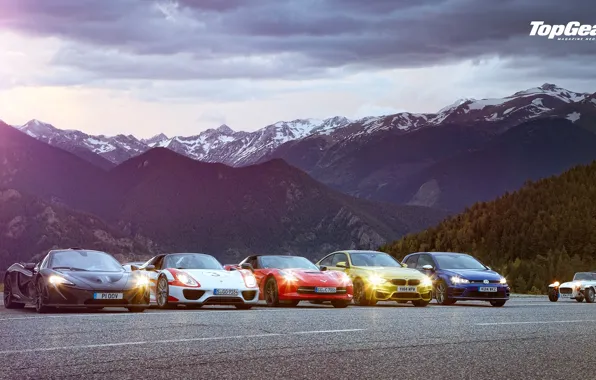 Картинка Top Gear, Front, Wallpaper, Supercars, Volkswagen Golf, Porsche 918, BMW M4, McLaren P1