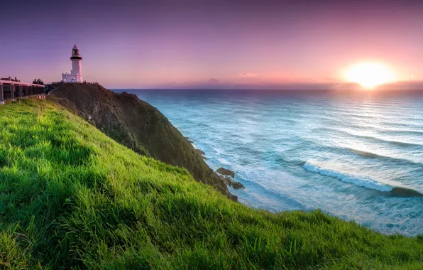 Море, закат, маяк, высота, Австралия, Australia, Byron Bay