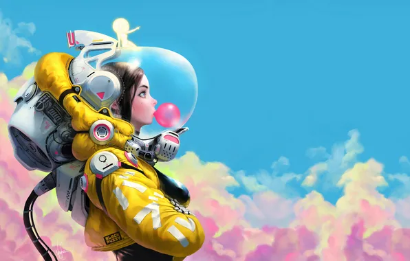 Woman, space suit, isolation, chewing gum