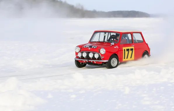 Красный, Зима, Снег, Фары, Mini Cooper, Rally, MINI, Мини Купер