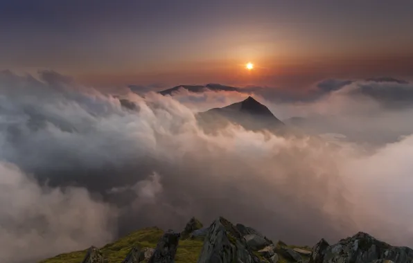 Картинка солнце, облака, пейзаж, горы, Wales, Nant Gwynant