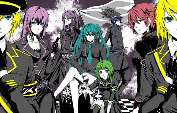 Девушки, флаг, парни, vocaloid, hatsune miku, megurine luka, kagamine rin, вокалоид