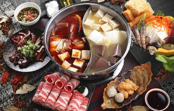 Соус, бекон, морепродукты, японская кухня, блюда, тофу