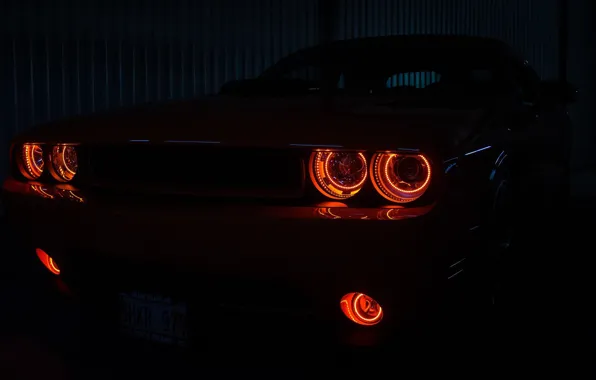 Темнота, фары, красные, dodge challenger, передок
