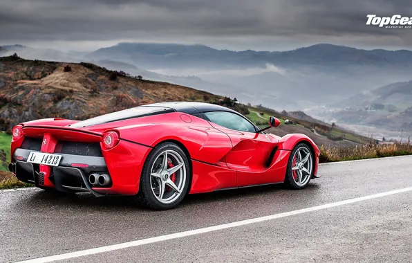 Картинка Top Gear, Ferrari, Red, Landscape, Rain, Supercar, LaFerrari, Rear