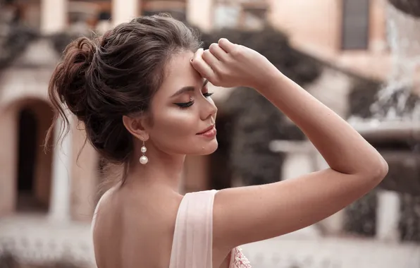 Girl, glamour, gorgeous, gown, fountain, hairstyle, hair style, graceful