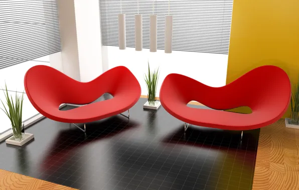 Картинка дизайн, стиль, комната, красное, интерьер, растения, кресло, формы