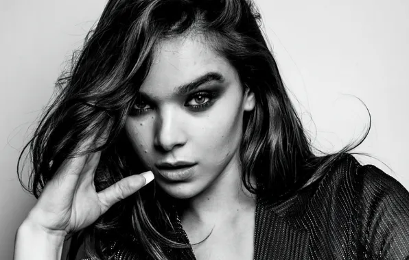 Взгляд, поза, модель, актриса, певица, hair, черно белая, Hailee Steinfeld