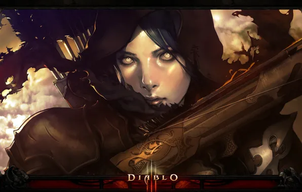 Картинка девушка, лицо, арт, капюшон, girl, стрелы, Diablo 3, Diablo III, стрелок, face, арбалет, arrows, цифровая …
