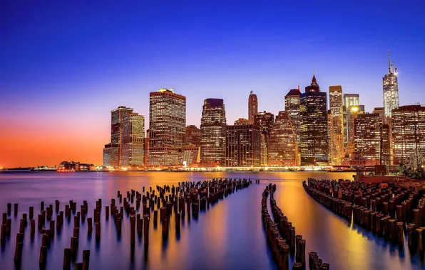 Картинка закат, ночь, city, город, панорама, сумерки, new york, manhattan