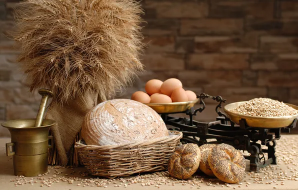 Зерно, яйца, хлеб, весы, мука, булочки, ступка