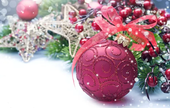 Картинка праздник, игрушки, новый год, шар, лента, декорации, happy new year, christmas decoration
