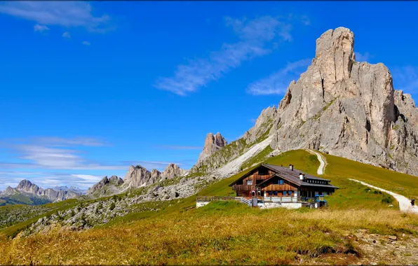 Небо, горы, дом, Италия, Доломитовые Альпы, Parco Nazionale delle Dolomiti Bellunesi