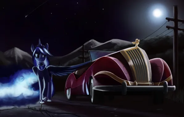 Машина, ночь, луна, арт, пони, My little pony