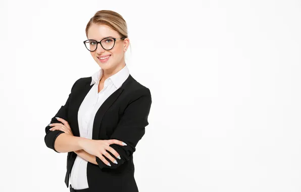 Девушка, поза, улыбка, портрет, очки, блондинка, костюм, белый фон