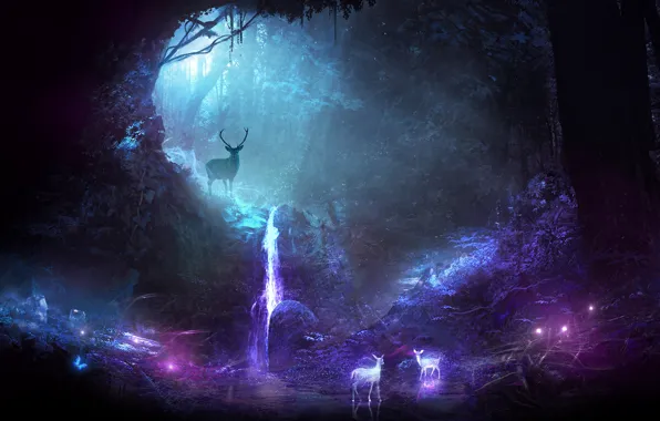 Картинка лес, свет, деревья, ночь, олень, арт, рога